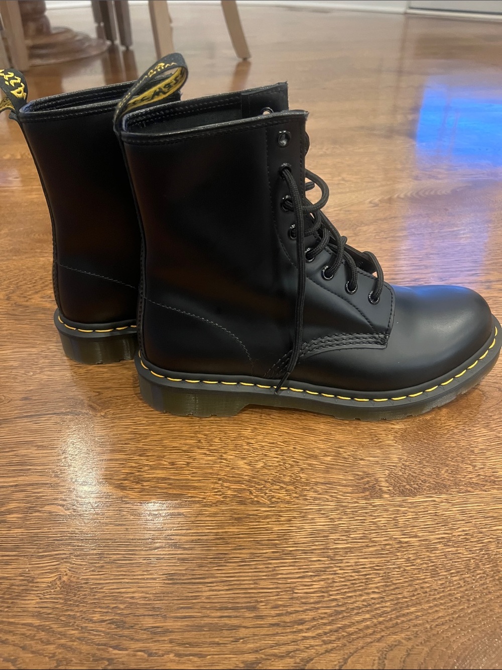 Dr. Martens Black Leather Combat Boots with Yellow Stitching